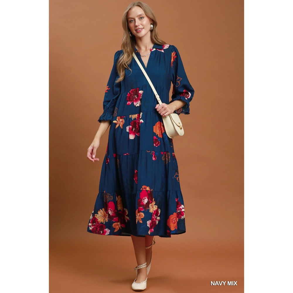 Umgee Floral Print Tiered Midi Dress with Puff Sleeves - Navy - Small - Picture 5 of 6